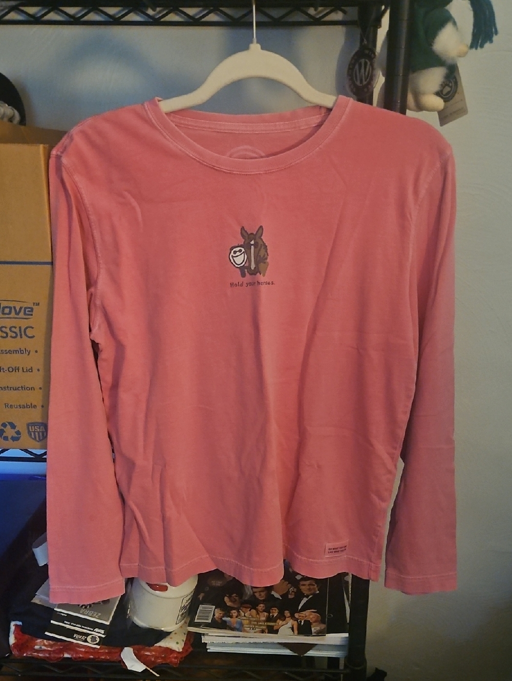 Life Is Good Women's Long Sleeve Tee Pink with Donkey Graphic